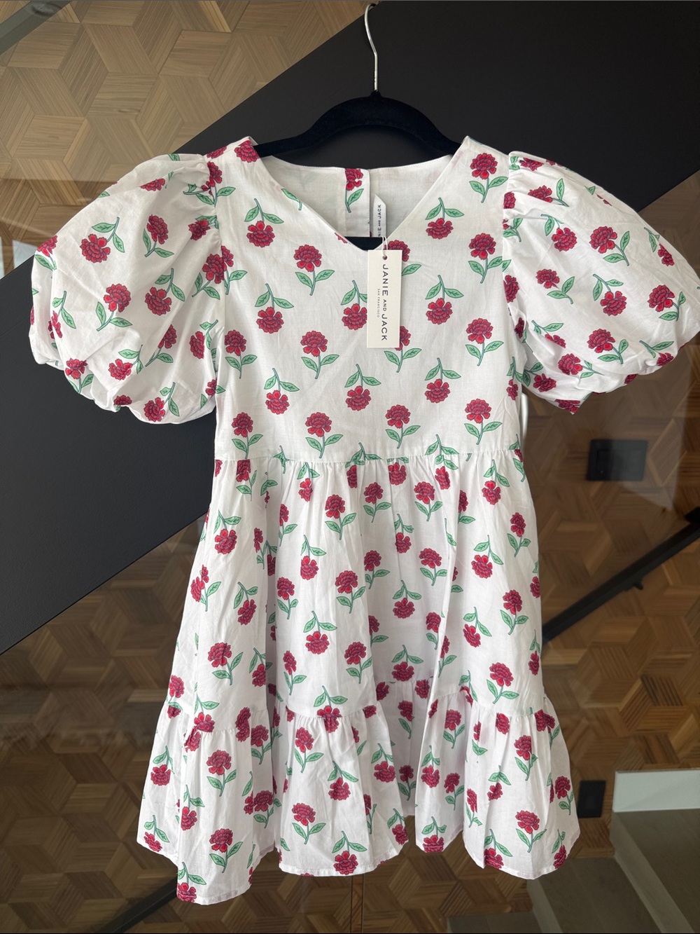 Janie and Jack White Dress with Pink Floral Print and Puff Sleeves